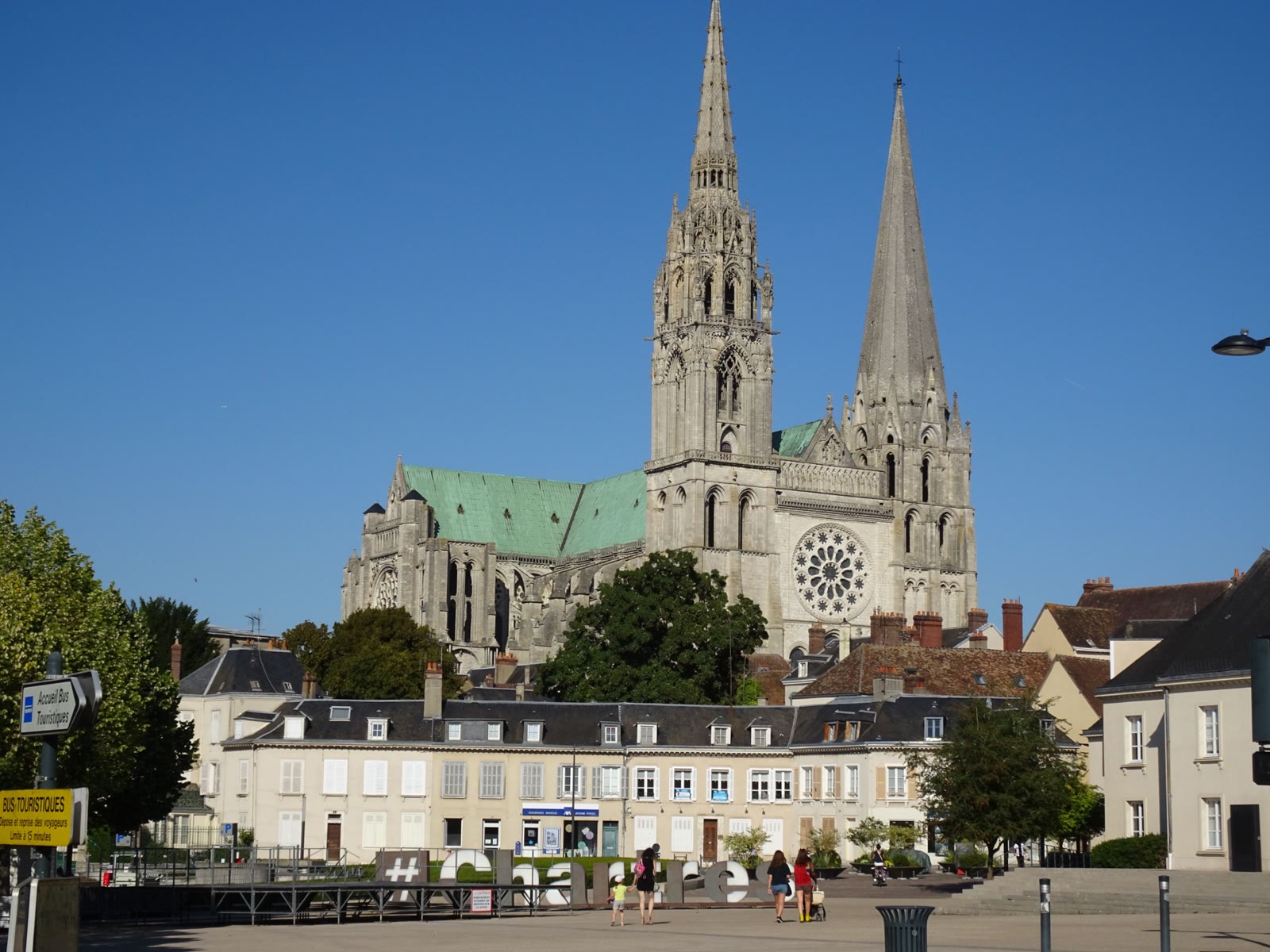 The cathedral rising above the rooftops of Chartres