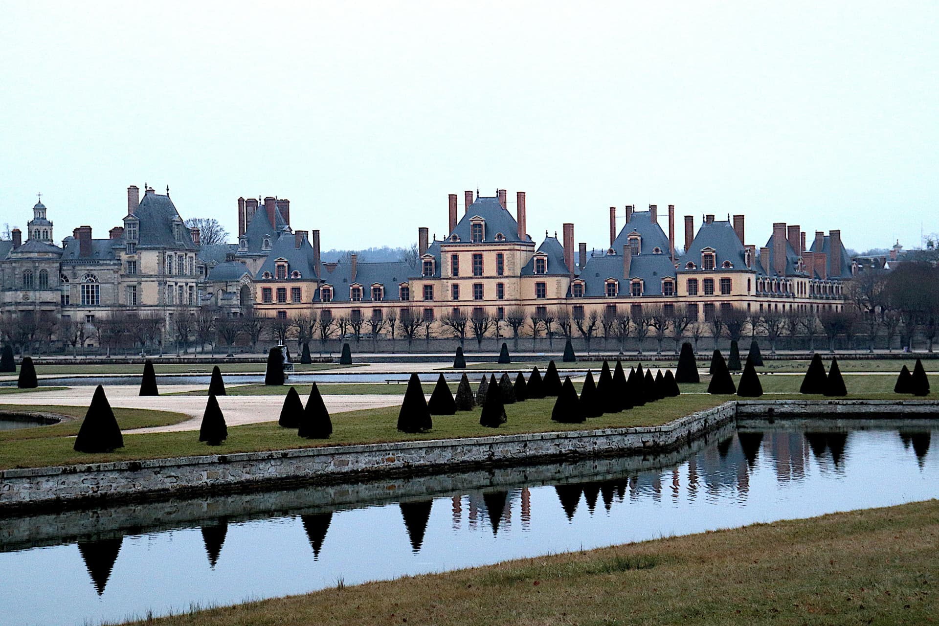 The formal gardens and canal in winter light
